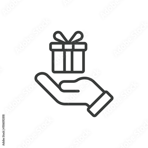 Gift on a hand, icon in line design. Gift, hand, present, support, care, donation, giving on white background vector. Gift on a hand editable stroke icon