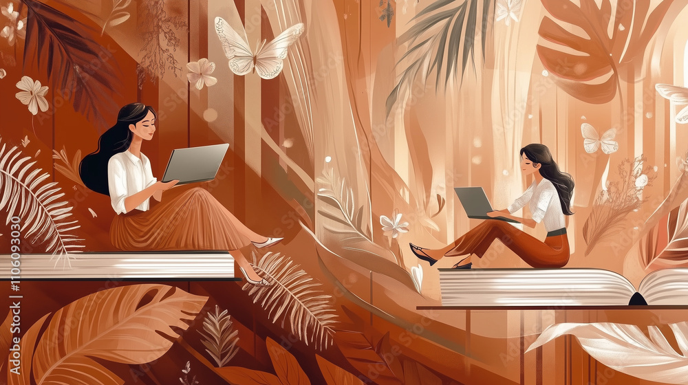 Fototapeta premium Women Reading on Books Surrounded by Nature and Butterflies
