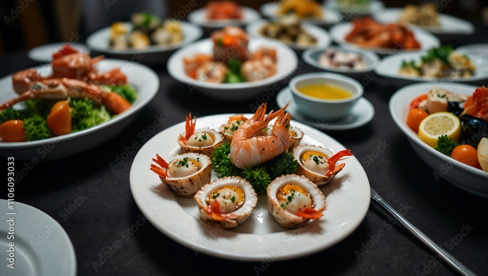 Fresh seafood arranged artistically for an elegant presentation. Fresh seafood arranged artistically for an elegant presentation.