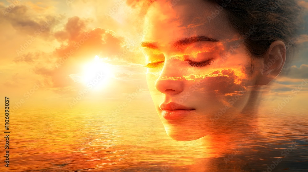 Serene Portrait of a Woman with Sunset Reflections, Merging Nature and Emotion, Evoking Calmness and Tranquility Against a Vibrant Sky and Ocean Background Serene Portrait of a Woman with Sunset Reflections, Merging Nature and Emotion, Evoking Calmness and Tranquility Against a Vibrant Sky and Ocean Background