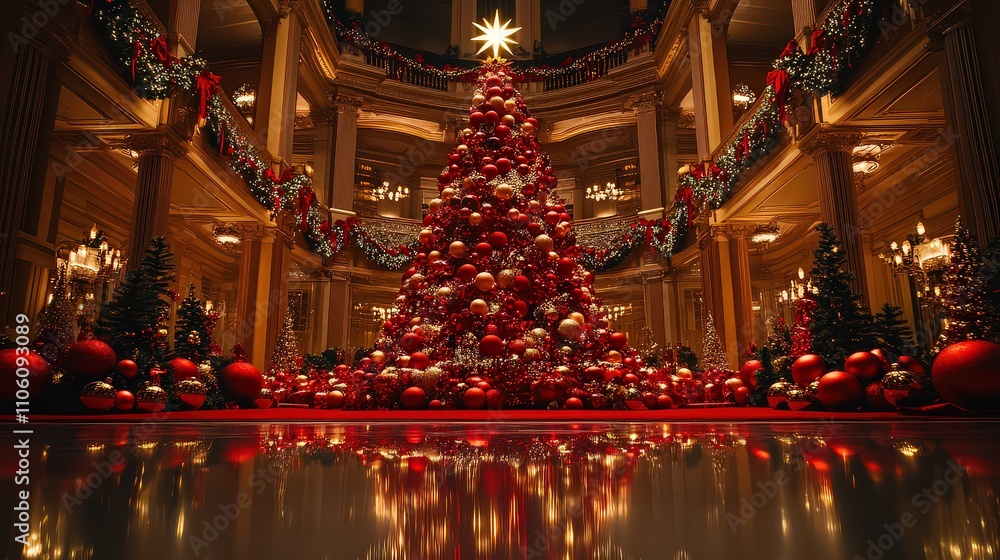 Fototapeta premium Majestic Christmas tree adorned with red and gold ornaments in a grand hall, surrounded by festive garlands and holiday decor.