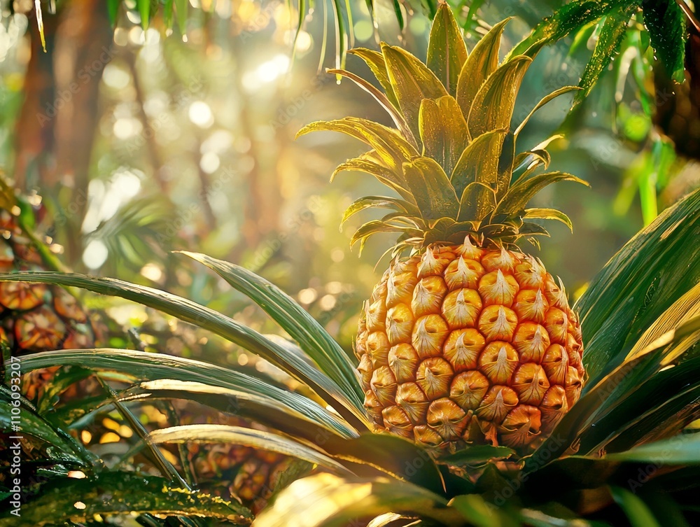 Close up shot of a fresh organic pineapple with golden sunlight glow in lush tropical environment Close up shot of a fresh organic pineapple with golden sunlight glow in lush tropical environment