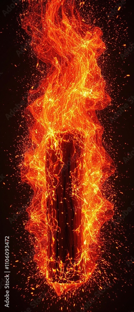 Close-up of a burning log with red hot sparks flying off into the air, surrounded by a halo of orange and yellow flames, warm sparks, flame, burning wood Close-up of a burning log with red hot sparks flying off into the air, surrounded by a halo of orange and yellow flames, warm sparks, flame, burning wood
