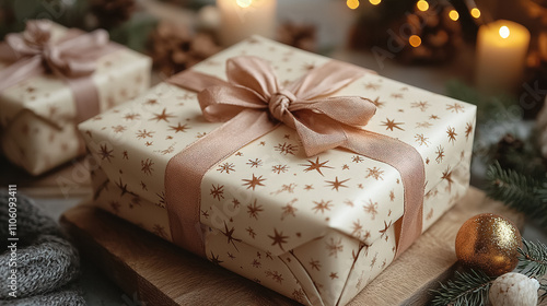 Beautifully wrapped gift box with golden stars on festive background during holiday season. Generative AI