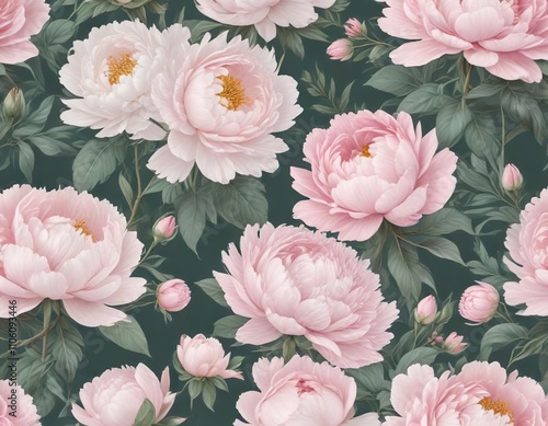 Fototapeta Naklejka Na Ścianę i Meble -  Feminine seamless pattern with delicate peonies and hearts, watercolor, hearts