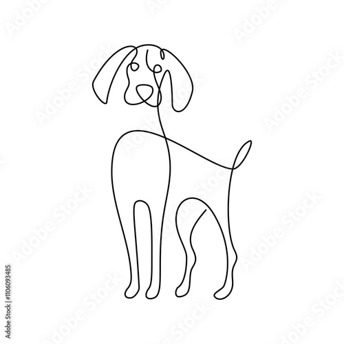 Cute dog in continuous line art drawing style. Cartoon hunting dog black linear design isolated on white background. Vector illustration
