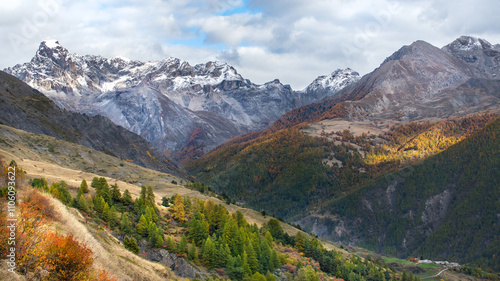 A snow capped mountain at the Col de Vars in autumn