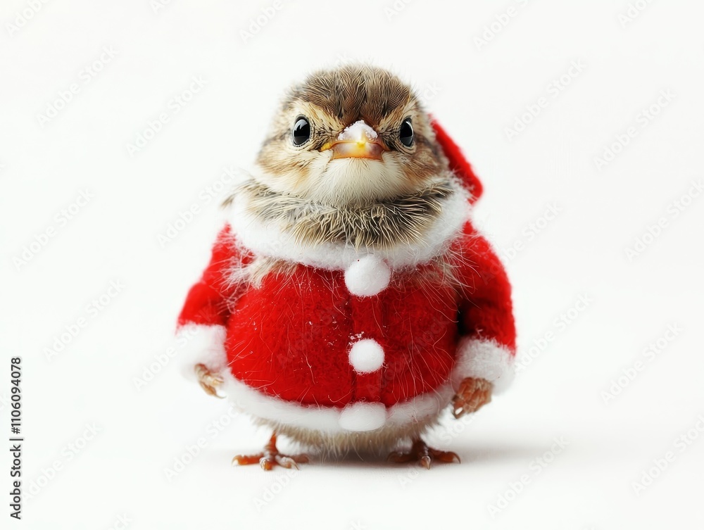 Cute Fluffy Bird in Red Santa Costume Festive Decorative Ornament for Winter Holiday Cute Fluffy Bird in Red Santa Costume Festive Decorative Ornament for Winter Holiday
