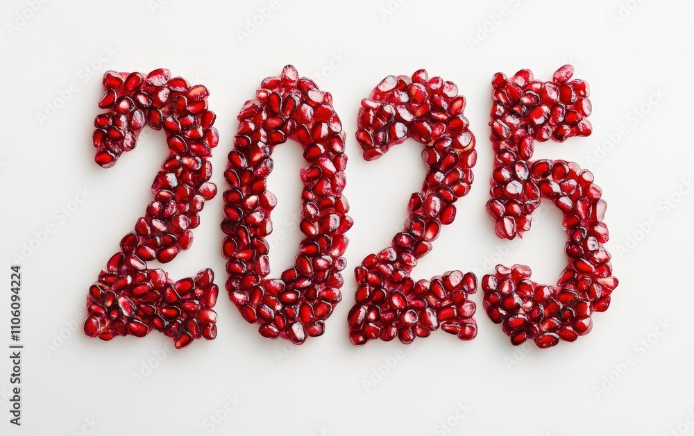 2025 Made of Pomegranate Seeds â?“ Numbers crafted with glistening pomegranate seeds, arranged delicately. Vibrant and festive, white background. 2025 Made of Pomegranate Seeds â?“ Numbers crafted with glistening pomegranate seeds, arranged delicately. Vibrant and festive, white background.