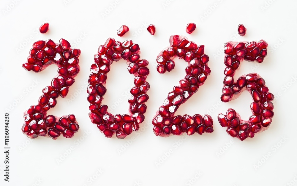 2025 Made of Pomegranate Seeds â?“ Numbers crafted with glistening pomegranate seeds, arranged delicately. Vibrant and festive, white background. 2025 Made of Pomegranate Seeds â?“ Numbers crafted with glistening pomegranate seeds, arranged delicately. Vibrant and festive, white background.