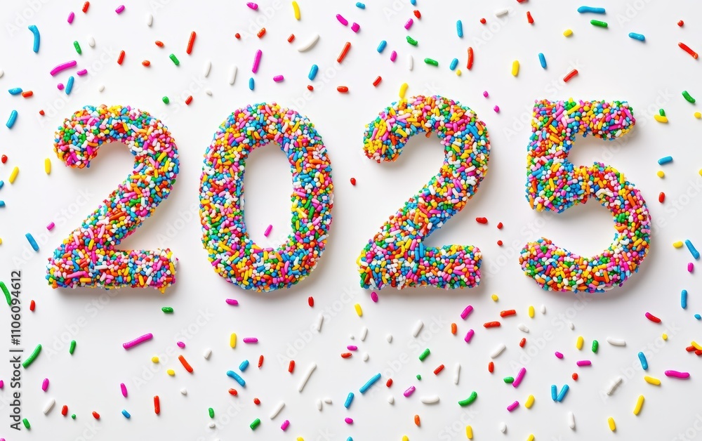 2025 Made of Rainbow Sprinkles â?“ Numbers crafted with colorful sprinkles in a cheerful and vibrant pattern. Festive and playful, white background. 2025 Made of Rainbow Sprinkles â?“ Numbers crafted with colorful sprinkles in a cheerful and vibrant pattern. Festive and playful, white background.