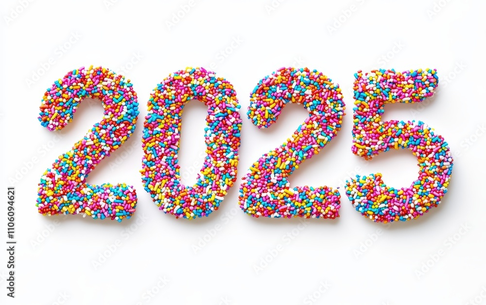 2025 Made of Rainbow Sprinkles â?“ Numbers crafted with colorful sprinkles in a cheerful and vibrant pattern. Festive and playful, white background. 2025 Made of Rainbow Sprinkles â?“ Numbers crafted with colorful sprinkles in a cheerful and vibrant pattern. Festive and playful, white background.