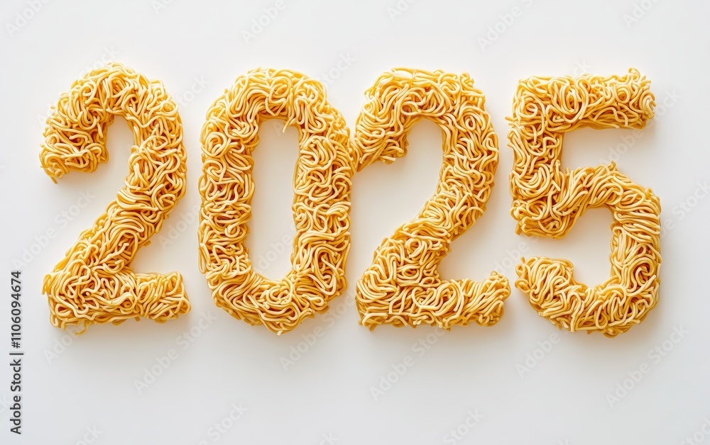 2025 Made of Ramen Noodles â?“ Numbers designed with curly cooked ramen noodles, arranged neatly. Artistic and unique, white background. 2025 Made of Ramen Noodles â?“ Numbers designed with curly cooked ramen noodles, arranged neatly. Artistic and unique, white background.