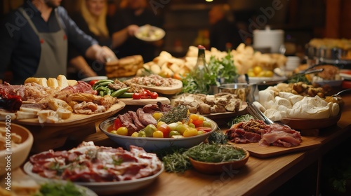 People group catering buffet food indoor in restaurant with meat colorful fruits and vegetables. world winning photo created by ai