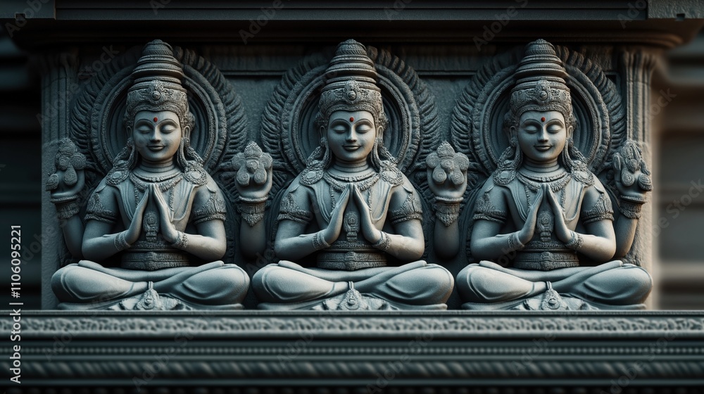 Intricate stone carving of three Hindu deities seated in meditation pose on temple wall with detailed ornamental designs and serene expressions, highlighting religious architecture. Intricate stone carving of three Hindu deities seated in meditation pose on temple wall with detailed ornamental designs and serene expressions, highlighting religious architecture.