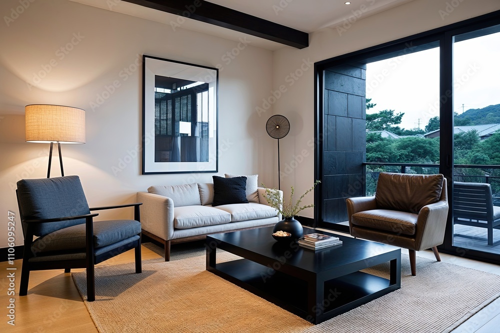 Minimalist Japandi Living Room with Armchair and Black Coffee Table Minimalist Japandi Living Room with Armchair and Black Coffee Table