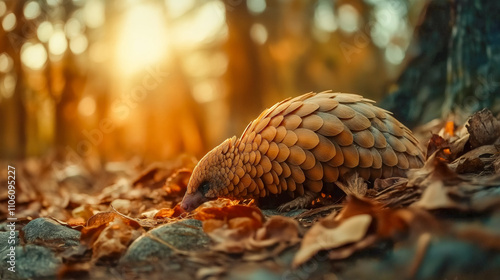 Discover the beauty of a pangolin gracefully nestled among autumn leaves illuminated by warm sunlight A mesmerizing glimpse into natures wonders