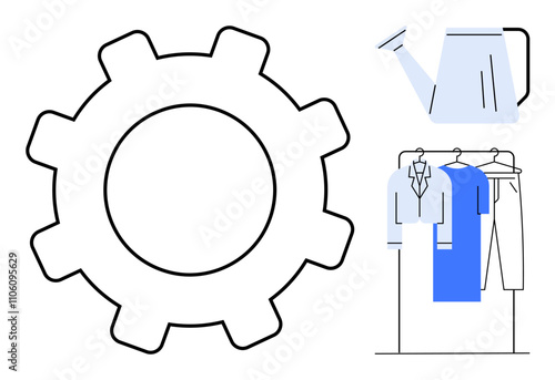 Gear shape representing cog and productivity, watering can indicating growth and nurturing, clothes on a rack symbolizing organization and cleanliness. Ideal for themes of efficiency, growth