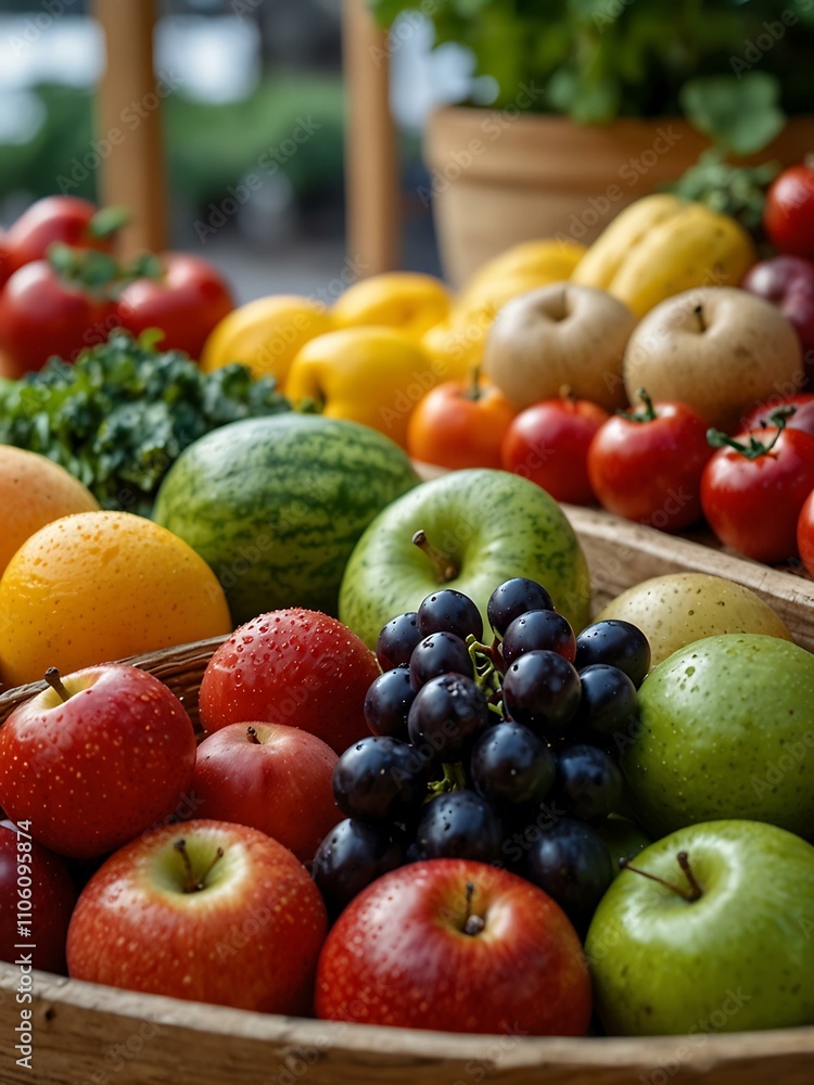 Fresh, healthy fruits and vegetables in an organic display. Fresh, healthy fruits and vegetables in an organic display.