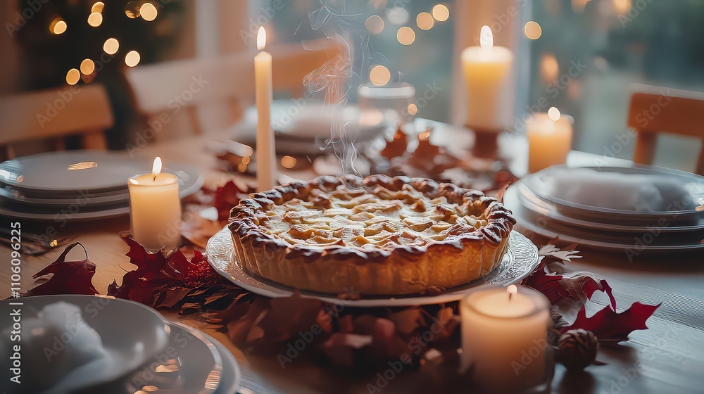 Beautifully baked pie on holiday-themed table with candles and leaves captures warmth and festive joy of seasonal celebrations. Beautifully baked pie on holiday-themed table with candles and leaves captures warmth and festive joy of seasonal celebrations.