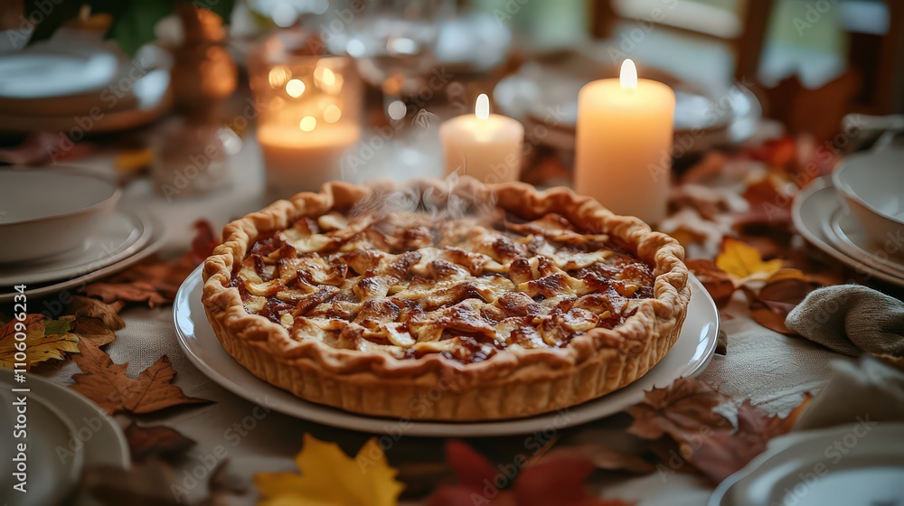 Steaming pie surrounded by fall leaves and glowing candles on cozy dinner table celebrates autumn flavors and warmth of shared meals. Steaming pie surrounded by fall leaves and glowing candles on cozy dinner table celebrates autumn flavors and warmth of shared meals.
