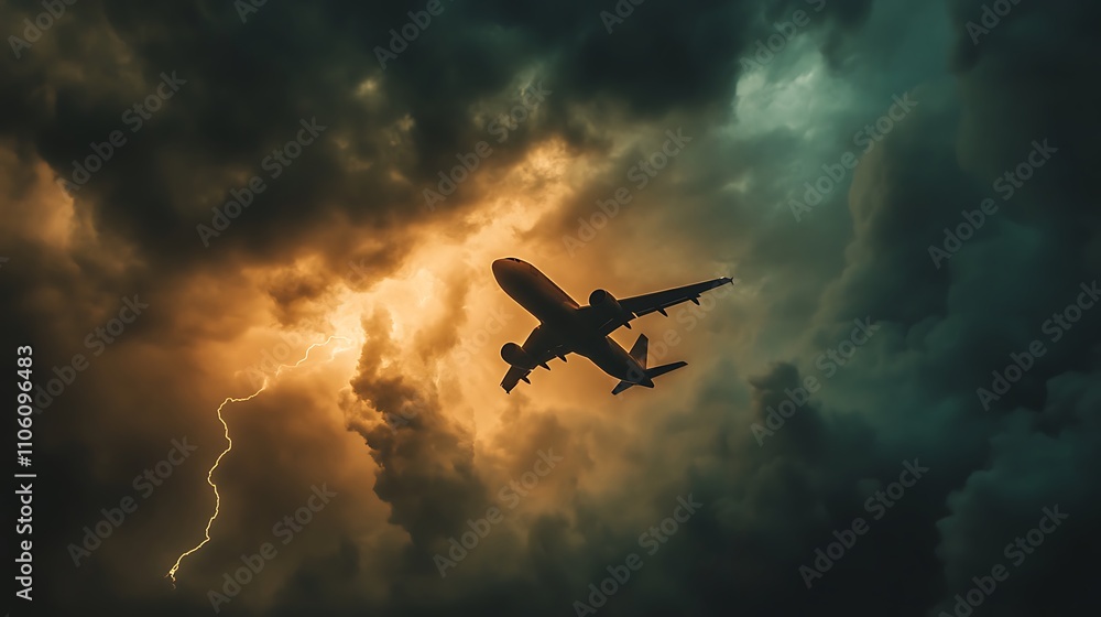 An airplane navigating through a stormy sky illuminated by lightning. An airplane navigating through a stormy sky illuminated by lightning.