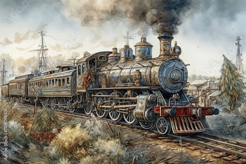 fantastic fabulous locomotive, steam from a pipe, steampunk., watercolor style,   photo