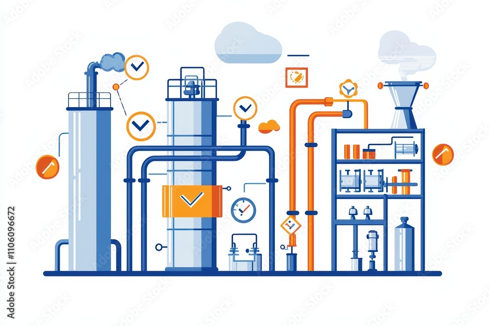 Obraz premium Illustration of a modern industrial factory with pipes, tanks, and equipment on a white background.