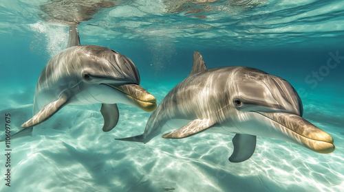 Two dolphins glide gracefully through the vibrant underwater world showcasing their playful nature and curiosity in a stunning ocean setting photo