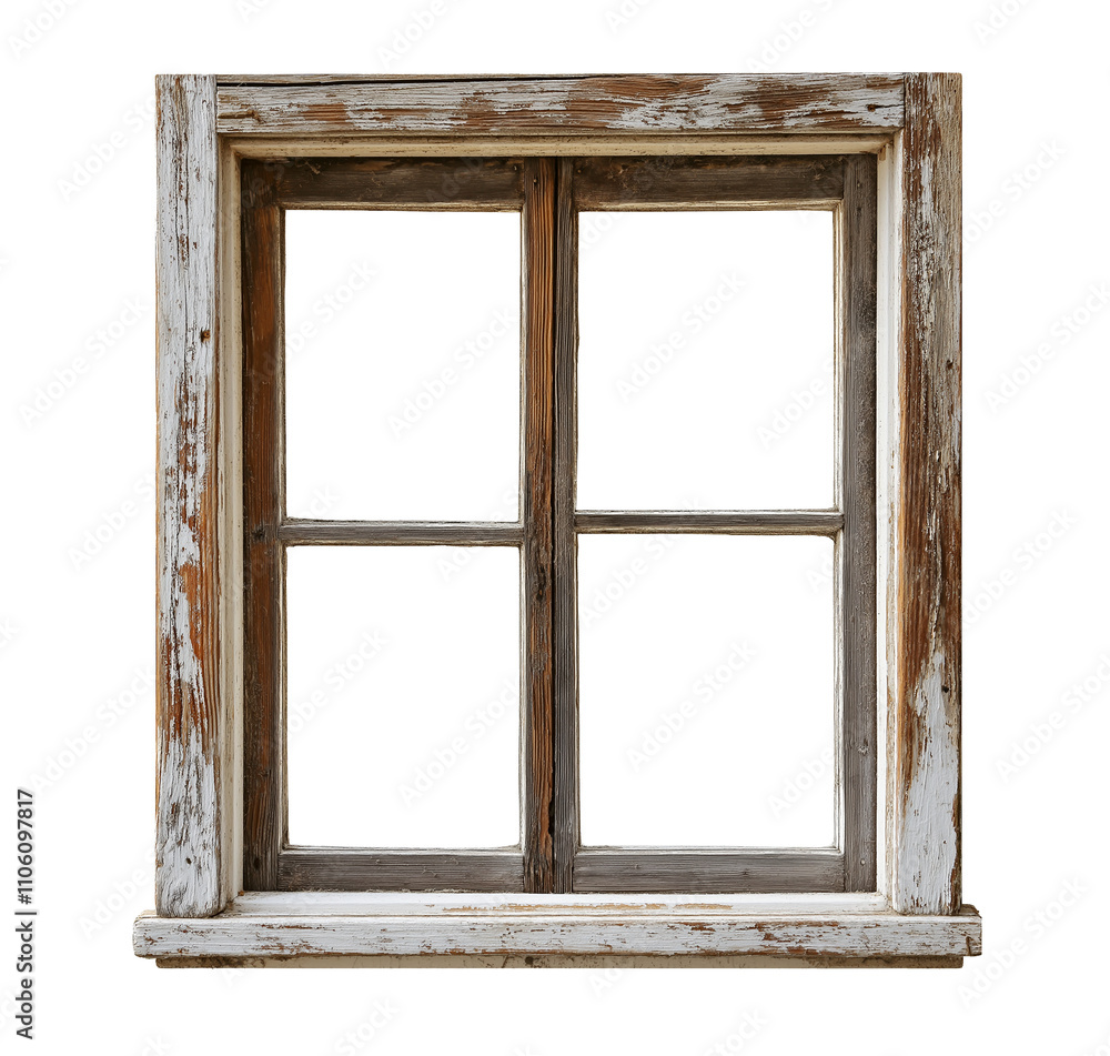 weathered old rustic wooden window frame, cutout weathered old rustic wooden window frame, cutout