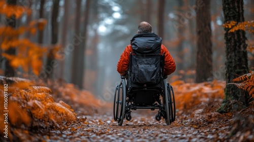 A person in a wheelchair wearing a red jacket navigates a serene forest pathway surrounded by vibrant autumn foliage and tall trees.