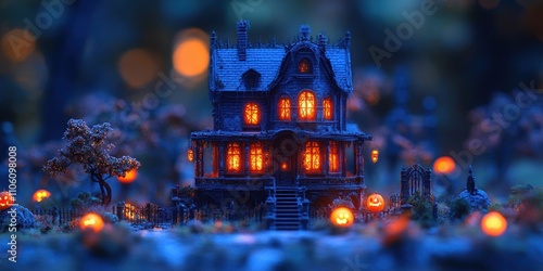 A mysterious and intricately designed haunted house illuminates the dark with glowing orange windows and jack-o'-lanterns, creating an eerie Halloween atmosphere. photo