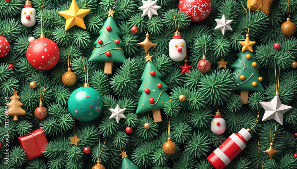 Vibrant Christmas decorations on a green pine backdrop, festive arrangement, cheerful mood, copy space Vibrant Christmas decorations on a green pine backdrop, festive arrangement, cheerful mood, copy space