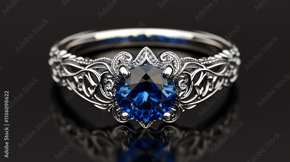 Elegant blue gemstone ring with intricate silver design. Elegant blue gemstone ring with intricate silver design.