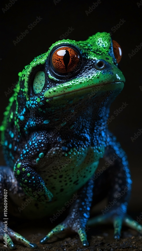 Fototapeta premium Frog with glowing neon green and blue skin.