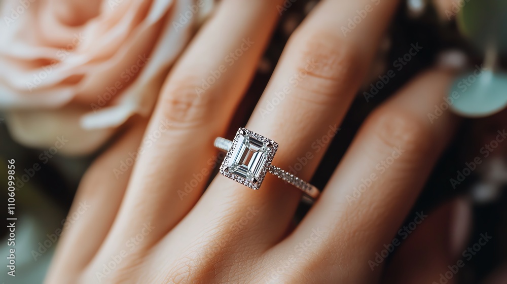 Elegant engagement ring showcased on a hand with floral backdrop. Elegant engagement ring showcased on a hand with floral backdrop.