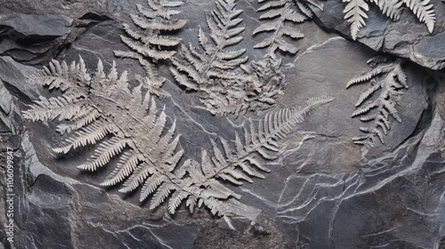 Hyper-Realistic Fossilized Fern Leaves in Fine-Grained Slate, Showcasing Intricate Vein Patterns and Natural Stone Textures in Earthy Gray-Brown Hues