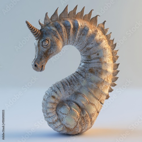 A fantastical sculpture depicting a spiraled creature with a unicorn-like head and scales, blending elements of mythology in a captivating design.