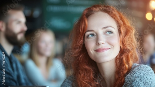 working in cafe with smile concept. Smiling woman with red hair enjoying time in a cafe setting.