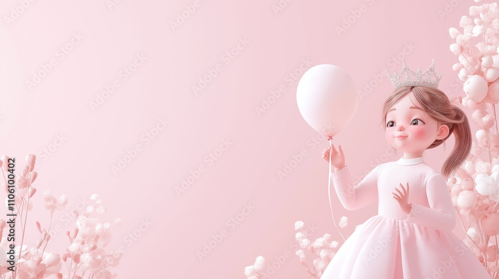 A cartoon girl holding a white balloon. The balloon is floating in the air and the girl is standing in front of a pink background A cartoon girl holding a white balloon. The balloon is floating in the air and the girl is standing in front of a pink background