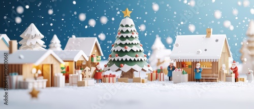 Snowy Christmas village scene with a festive tree, wooden houses, and gifts, creating a cozy holiday atmosphere.