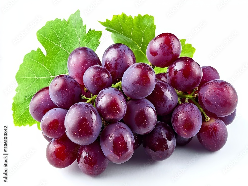 Ripe fresh organic grape cluster with deep purple color and lush green leaves Ripe fresh organic grape cluster with deep purple color and lush green leaves