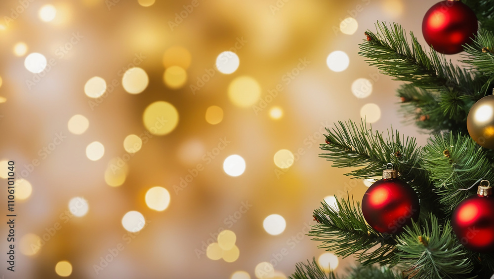 Merry christmas and new year holidays concept with red balls on fir branches on gold bokeh background. festive template for greeting card, banner, flyer with copy space Merry christmas and new year holidays concept with red balls on fir branches on gold bokeh background. festive template for greeting card, banner, flyer with copy space