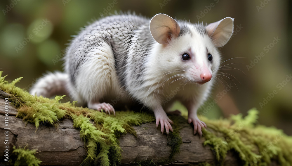 A gray and white opossum with large ears sitting on a mossy log in a blurred natural environment A gray and white opossum with large ears sitting on a mossy log in a blurred natural environment