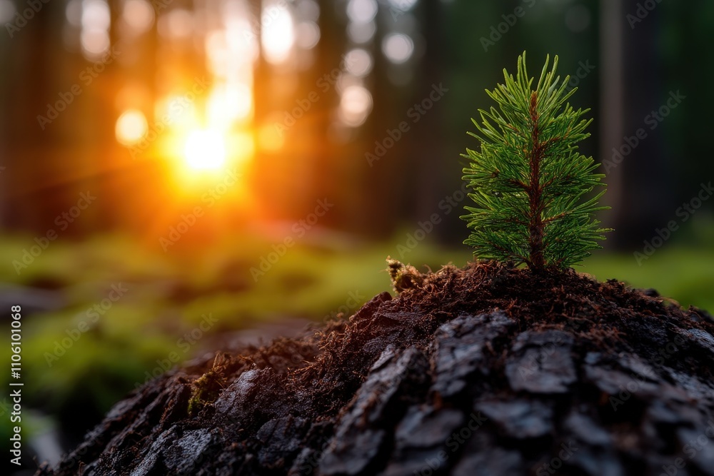 Fototapeta premium A small pine sapling emerges from mossy terrain, symbolizing new beginnings and resilience against a backdrop of soft, warm sunlight filtering through trees.
