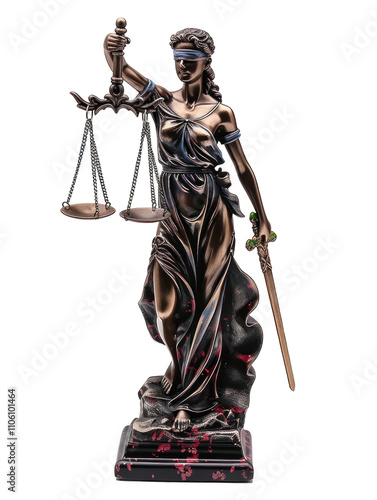 Statue of Lady Justice with Scales and Sword. Made from black and red marble. PNG isolated on transparent background