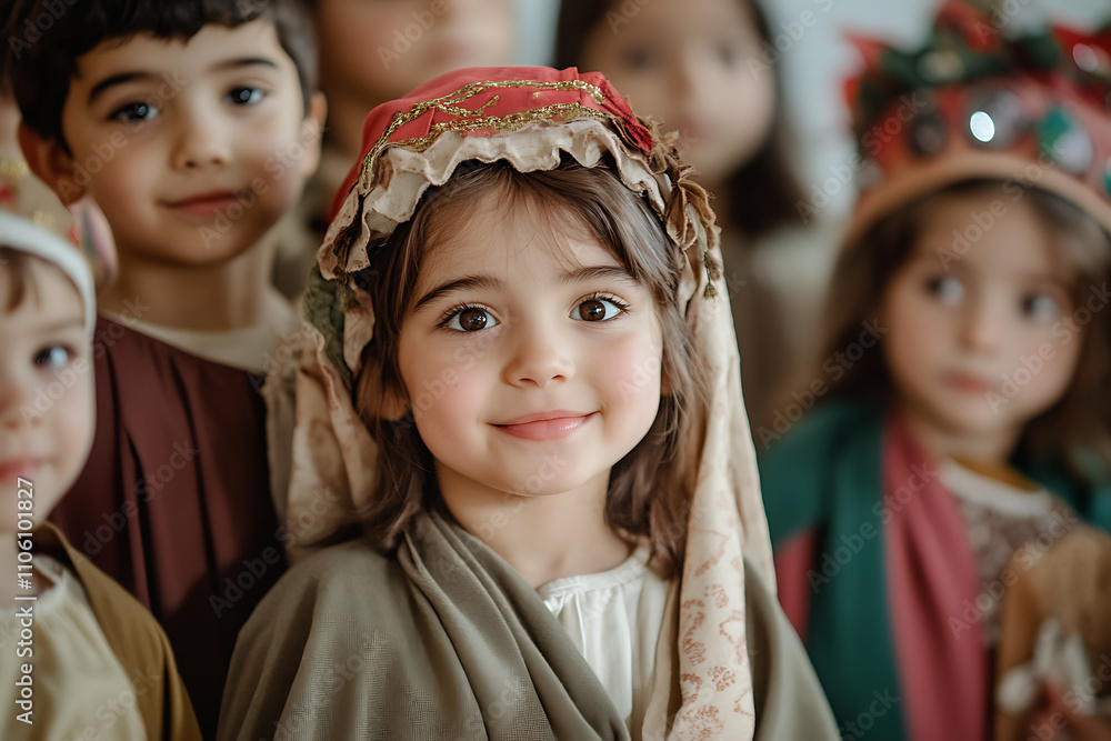 Children reenacting the nativity story in a school play, with handmade costumes and joyful expressions. Perfect for Christmas cards, educational content, and family-focused campaigns Children reenacting the nativity story in a school play, with handmade costumes and joyful expressions. Perfect for Christmas cards, educational content, and family-focused campaigns