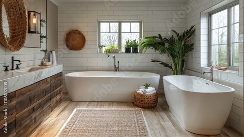 A beautifully styled modern bathroom showcases a minimalist design with two unique freestanding bathtubs, rustic wooden accents, and lush green plants harmoniously integrated.