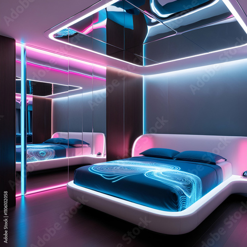 a futuristic bedroom with a minimalist, mirrored ceiling and gleaming chrome accents, featuring sleek, low-profile furniture with clean lines and geometric shapes