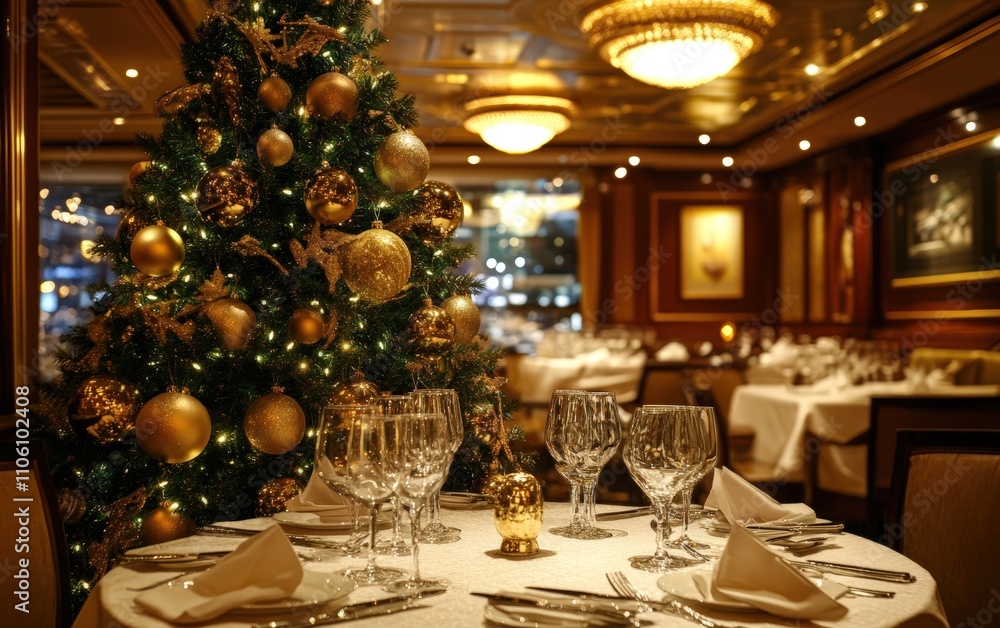 Fine Dining Tree An elegant Christmas tree with wine glass ornaments, silver cutlery garlands, and luxurious golden lights, set in a high-end restaurant Fine Dining Tree An elegant Christmas tree with wine glass ornaments, silver cutlery garlands, and luxurious golden lights, set in a high-end restaurant